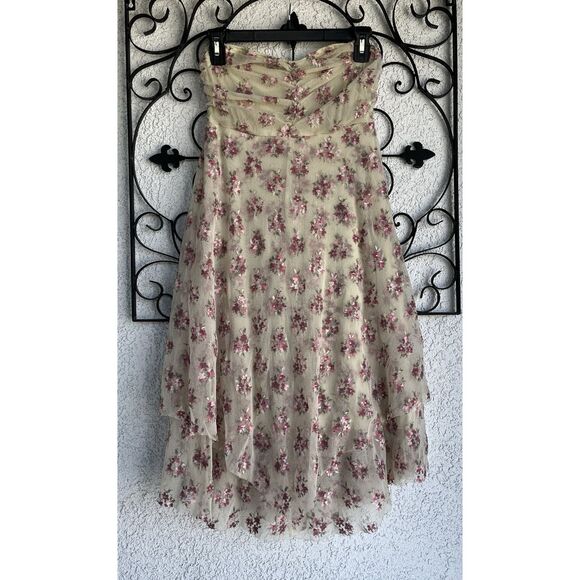 Free People Strapless Floral Tiered Hem Dress - Size M-  Tan/pink - Picture 1 of 10